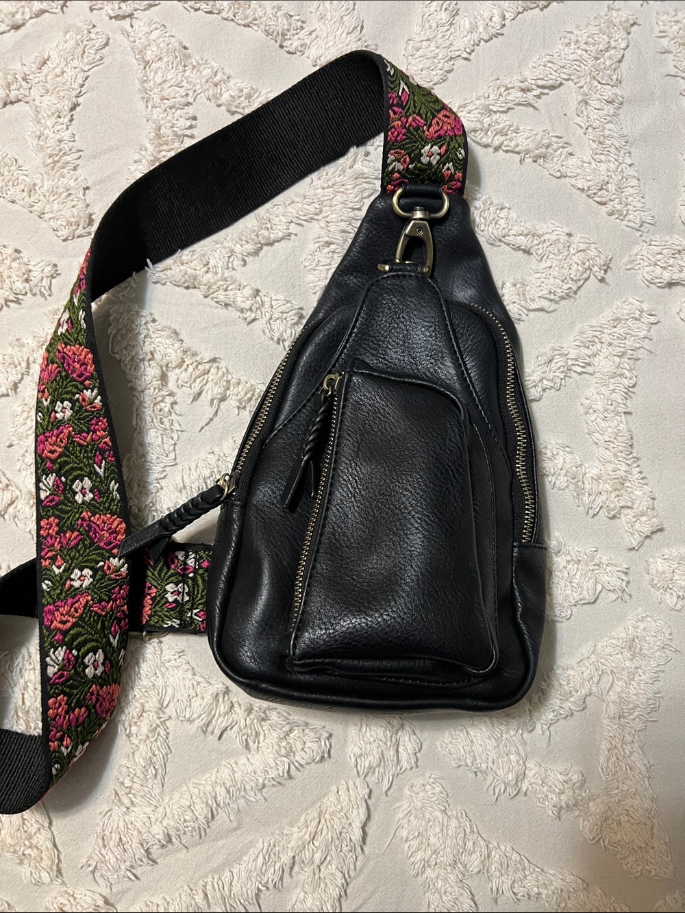 Black Leather Sling Bag with Floral Jacquard Strap